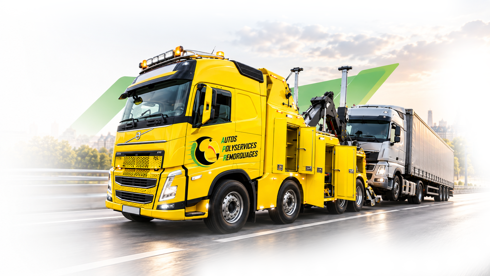 Dépanneuse poids lourd APR remorquant un camion semi-remorque